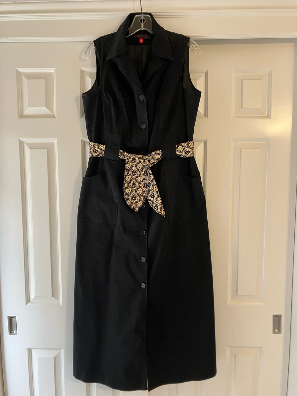 Anne Klein Black Sleeveless Midi Shirt Dress with Patterned Tie Belt